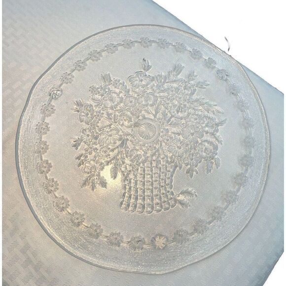 Glass Etched Flower Basket Serving Cake Tray - Picture 1 of 10